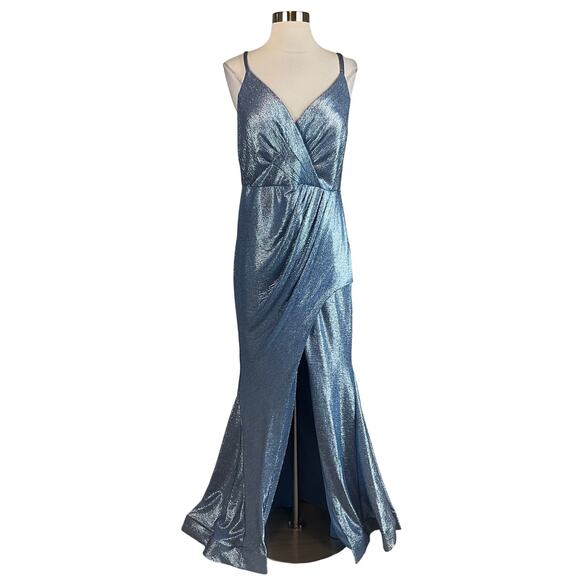 Nightway Women's Formal Dress Size 10 Blue Metallic Sleeveless Thigh Slit Gown - Picture 1 of 13